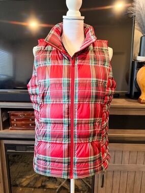 Lands' End Red Plaid Puffer Vest